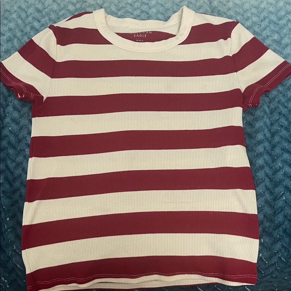 American Eagle Outfitters Red & Cream Striped Short Sleeve Tee
